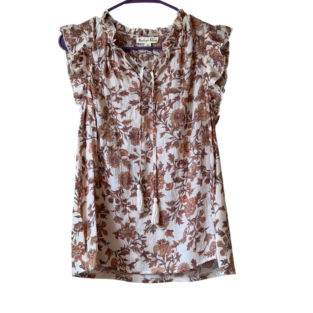 Indigo Rose‎ Womens Floral Flutter Sleeve Boho Blouse Brown Cream Tassel Top M